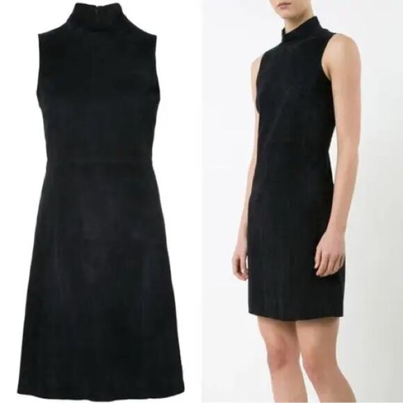 Theory Eulia Lamb Leather Suede High Neck Sleeveless Mini Dress Black Size 2 - Picture 1 of 6